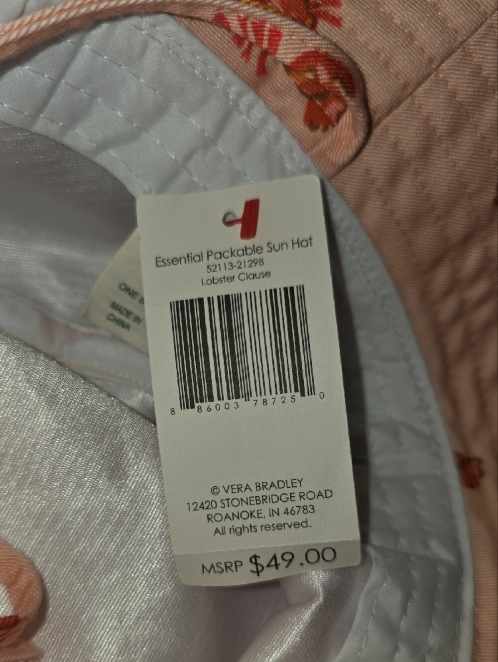 💝🦞Vera Bradley Pink Lobster Print Essential Packable Sun Bucket Hat BRAND NEW - Picture 4 of 4